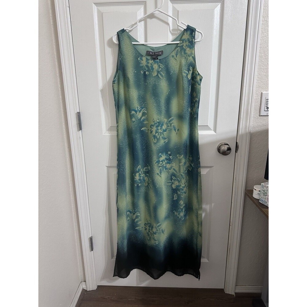 Whimsical Summery Fairy Green Blue Floral Maxi Dress Round Neck Size 10